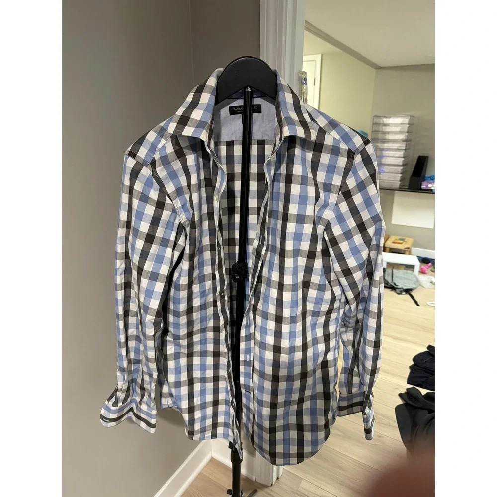 Banana Republic Non-Iron Slim Fit Plaid Button-Up Shirt Men's S Blue Cotton